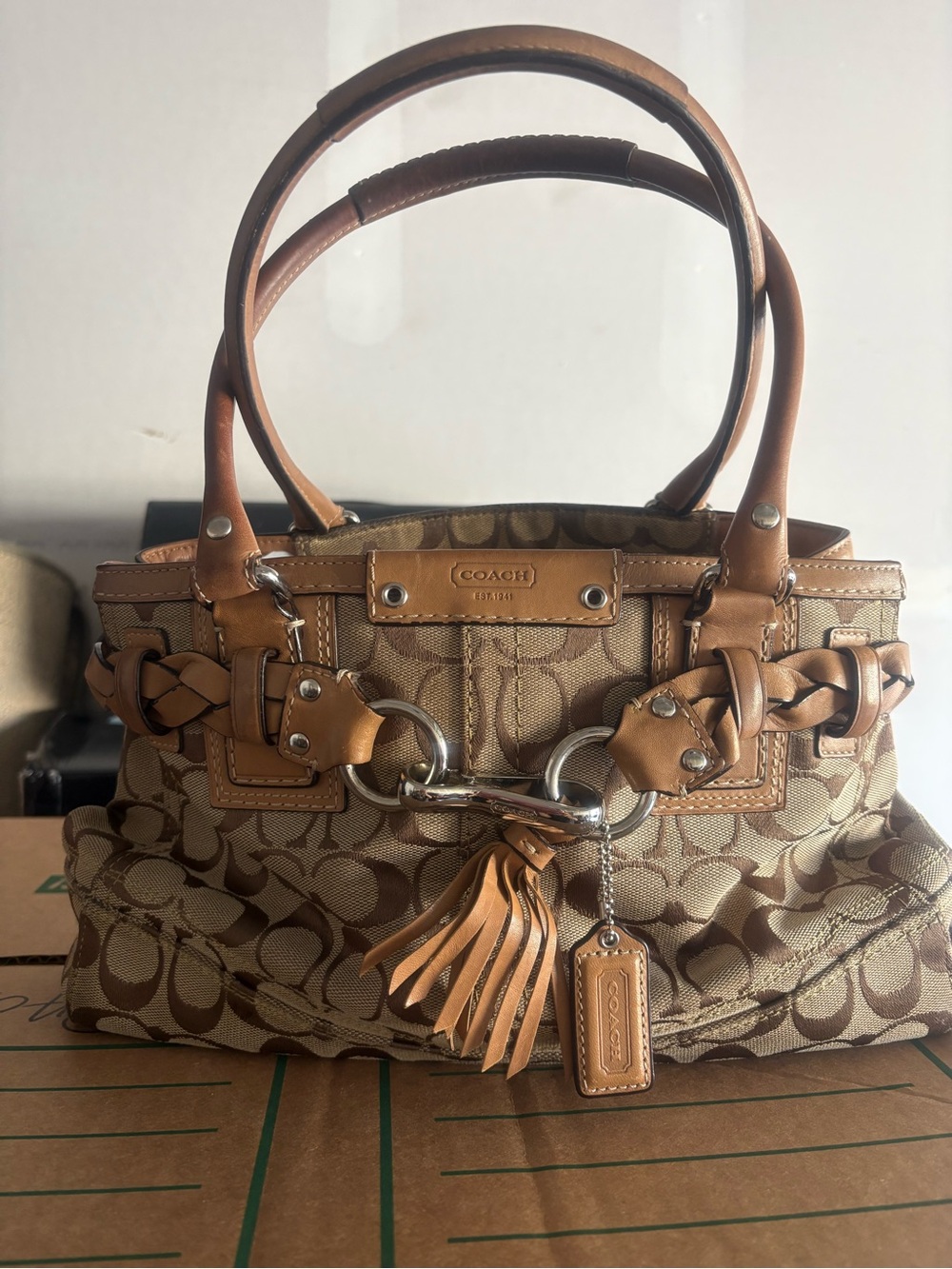 Coach Tan Signature Canvas Shoulder Bag with Leather Trim